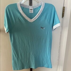 PINK Victoria's Secret Blue with Light Gray Trim tee-shirt